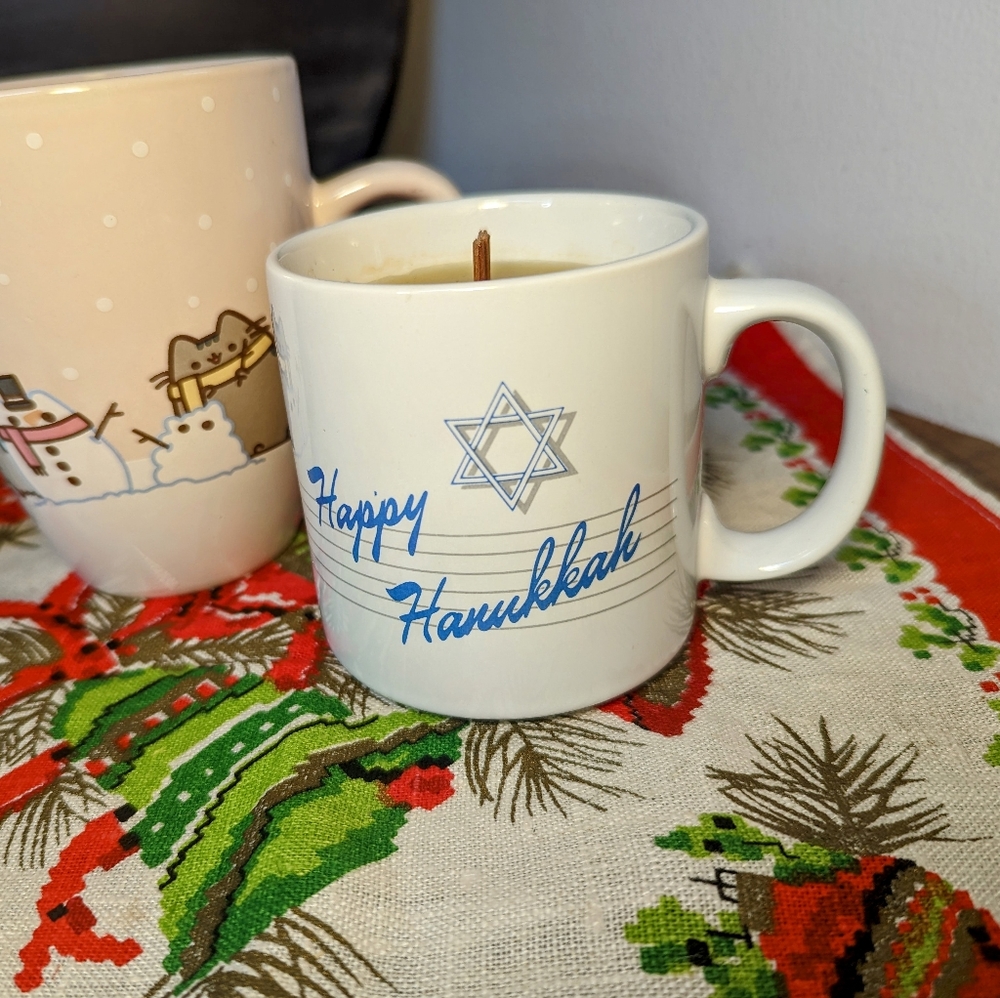 Vintage Hanukkah Coffee ☕ Mug Handmade Beeswax Candle